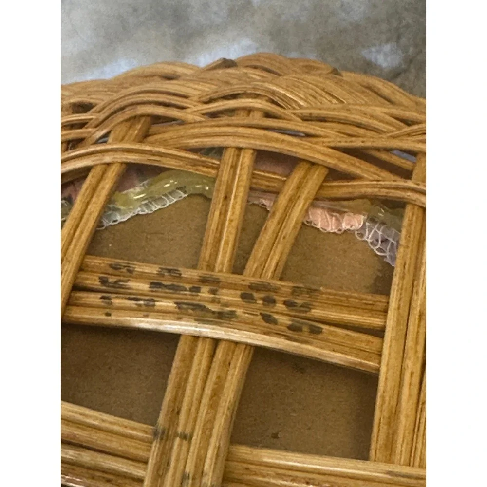 Vintage Wicker Slanted Display Basket with Floral Pincushion Base Natural Rattan